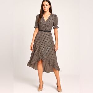 Tommy Hilfiger mocha tan and black belted flowy midi dress size medium